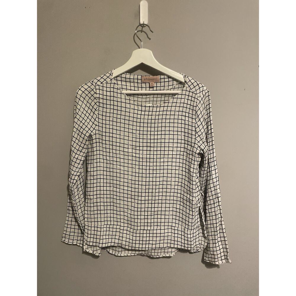 PHILOSOPHY Black White Windowpane‎ Print Women Size XS Long Sleeve Blouse